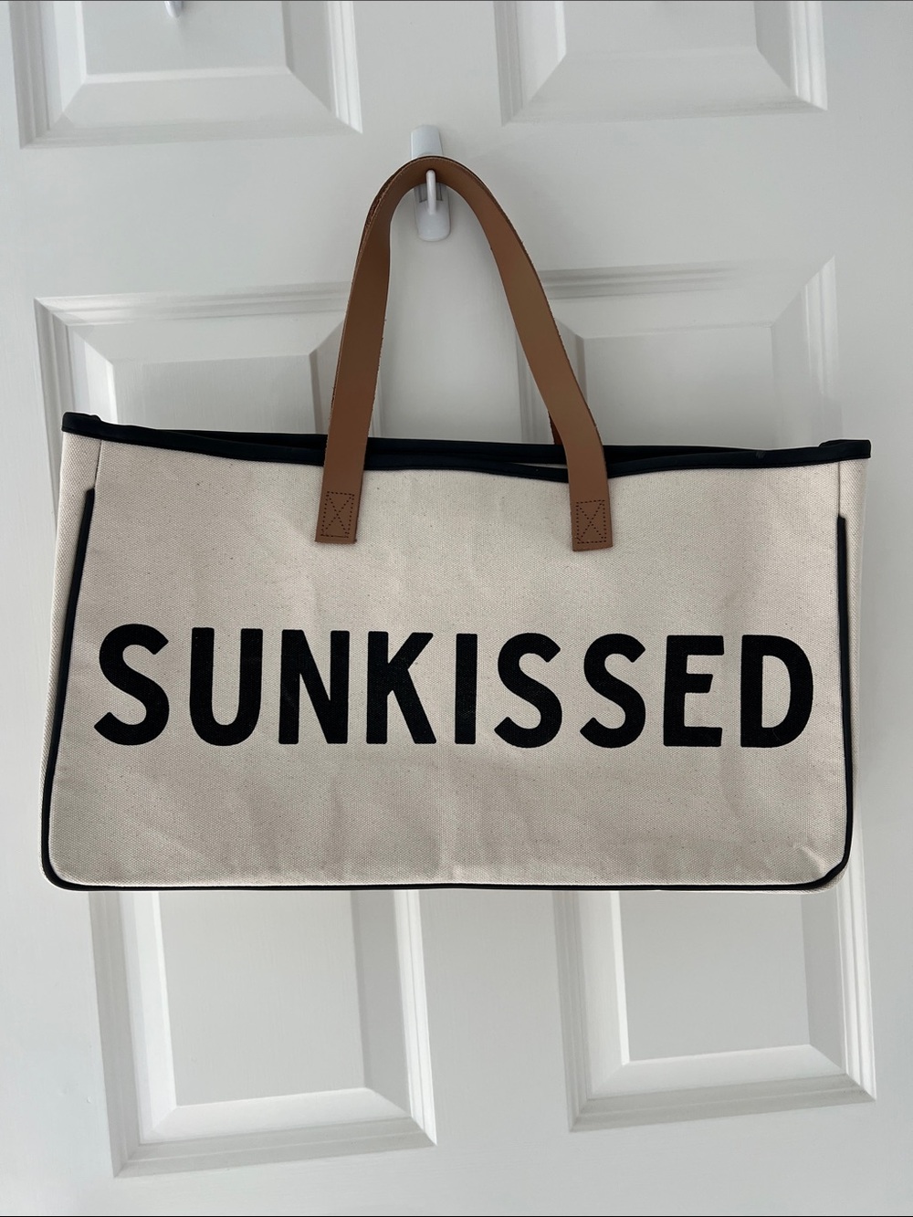 SUNKISSED Canvas Tote Bag in Cream with Brown Handles